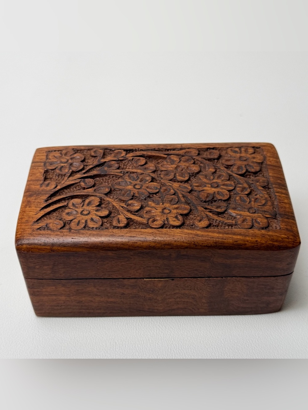 Hand Carved Wood Jewelry Trinket Box Hinged Lid with Flowers Handmade small